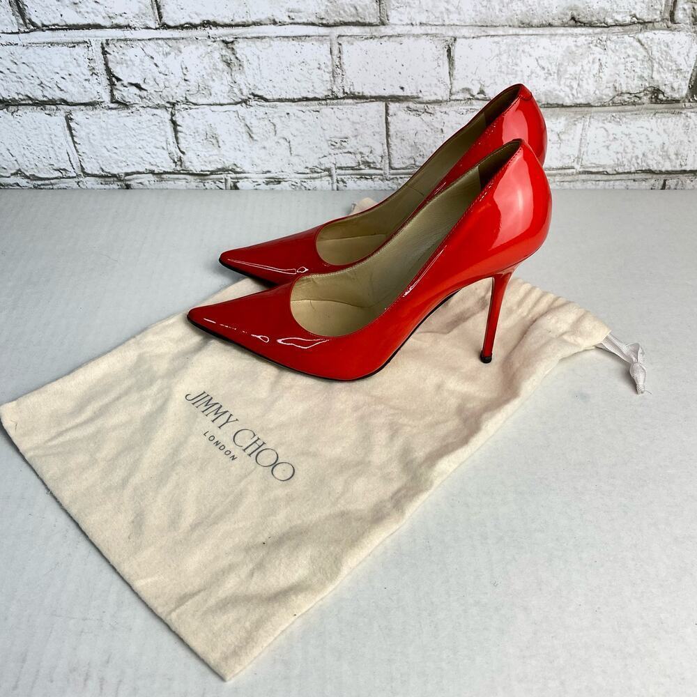 Jimmy Choo Heels Pumps Point Toe Stiletto Shoes Patent Leather Red 38 8 - Picture 2 of 15